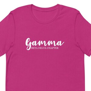 Puede incluir: Una camiseta rosa de manga corta con el texto "gamma beta delta chapter" en blanco.
