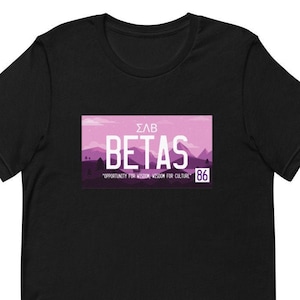 May include: Black t-shirt featuring a pink and purple graphic of a license plate that reads "ΣAB BETAS" with the text "OPPORTUNITY FOR WISDOM, WISDOM FOR CULTURE" and the number "86" below.