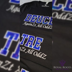 Camiseta griega con número de línea personalizada en azul real y blanco, manga larga, sudadera, sudadera con capucha / Ace / Deuce / Tre / Quad / 5ive / Tail