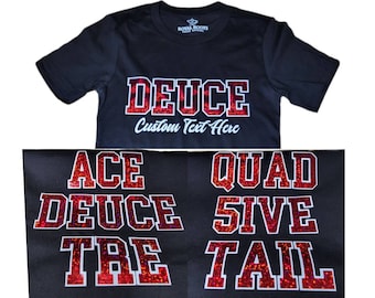 Red & White Custom Line Number Greek T-Shirt , Long Sleeve , Sweatshirt , Hoodie / Ace / Deuce / Tre / Quad / 5ive / Tail