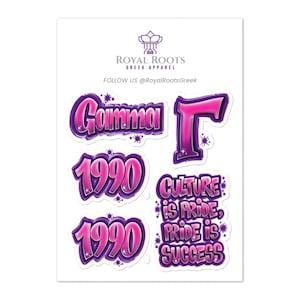 May include: A set of five stickers featuring a pink and purple color scheme. The stickers include the words "Gamma", "1990", and "Culture is Pride, Pride is Success".
