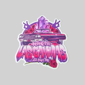 May include: A pink and purple sticker with a vintage car, a crystal, and the text "Anything for Las Gammas Est. April 9, 1990".