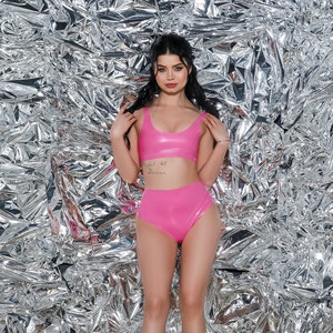 Cosplay Latex Set - Pink Bra Top Bikini Panties - Female Sexy Lingerie Outfit Costume for Woman