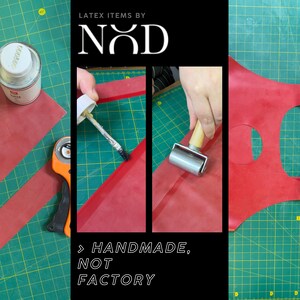 The image is a collage of various crafting and DIY items, including a person using a tool to work on a red material, a pair of scissors, and a red object. The collage also includes text that reads "Handmade, not factory", suggesting that the items in the collage are made with care and attention to detail, rather than mass-produced in a factory setting.