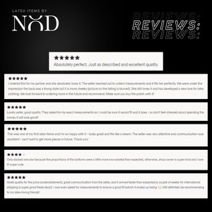 The image is a screenshot of a website page with a collection of customer reviews for a clothing brand. The reviews are written in a text format and are displayed in a grid format, with each review having a rating and a comment. The page is titled "LATEX ITEMS BY N&D REVIEWS" and includes a rating system with five stars for excellent quality.