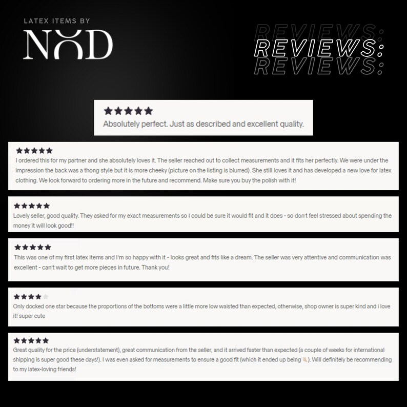 The image is a screenshot of a website page with a collection of customer reviews for a clothing brand. The reviews are written in a text format and are displayed in a grid format, with each review having a rating and a comment. The page is titled "LATEX ITEMS BY N&D REVIEWS" and includes a rating system with five stars for excellent quality.