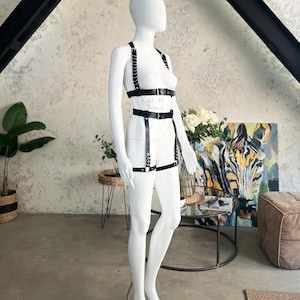 Anniversary Gift - Full Body Ring Harness Leather Set - Bondage Cage Outfit Female Fetish Costume for Woman Wife Girlfriend