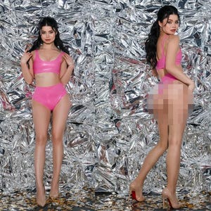 Female Pink Latex Lingerie Set Top Bikini Rubber Fetish