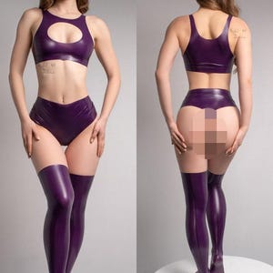 Purple Latex Set Top High-Waisted Panties Stockings Bodysuit Plum Rubber Suit Catsuit Costume Lingerie Violet