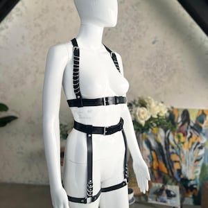 Fetish Gift for Girlfriend Full Body Ring Harness Leather Set Bondage Cage for Woman Body Female Fetish Costume Outfit for Wife