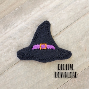 Peut inclure: Chapeau de sorcière en feutre noir avec une ceinture brodée violette et orange. Le chapeau est un téléchargement numérique.