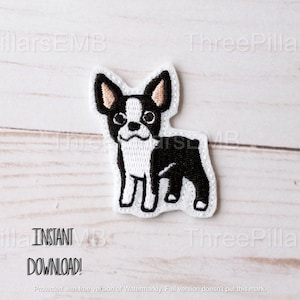 May include: Embroidered iron-on patch of a black and white Boston Terrier dog. The dog is standing with its head tilted slightly to the side.