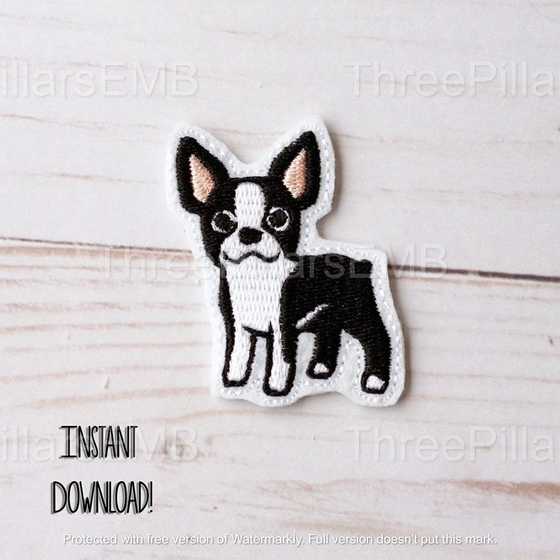 May include: Embroidered iron-on patch of a black and white Boston Terrier dog. The dog is standing with its head tilted slightly to the side.