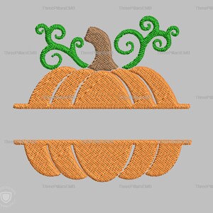 May include: Orange pumpkin with a green stem and curly vines. The pumpkin is split in half horizontally with a blank space in the middle for personalisation.