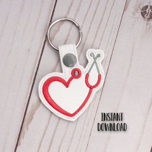 Stethoscope Heart Keyfob Embroidery Design File, Nurse Keychain Gift, Medical Worker Snap Tab Key Holder Machine Embroidery Design
