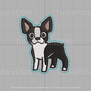 May include: Embroidered design of a black and white Boston Terrier dog with brown ears. The dog is standing with its front paws slightly apart and its back paws together. The design is outlined in a turquoise blue thread.