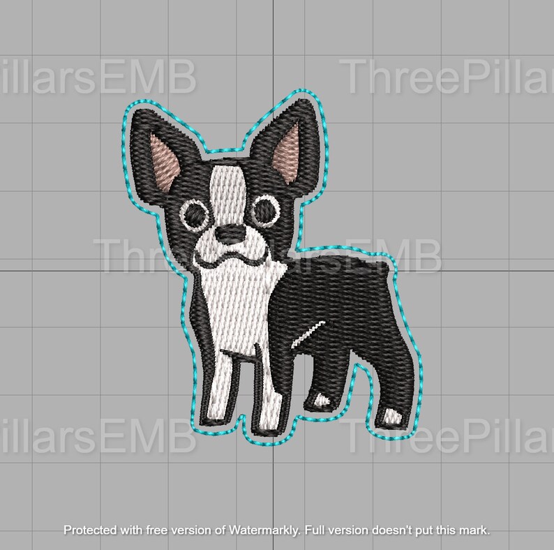 May include: Embroidered design of a black and white Boston Terrier dog with brown ears. The dog is standing with its front paws slightly apart and its back paws together. The design is outlined in a turquoise blue thread.
