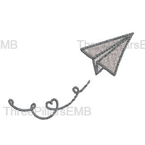 May include: A gray paper airplane with a heart-shaped trail, flying to the right.