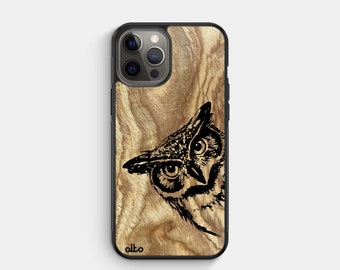 Olive Wood Owl Real Wood Phone Case | iPhone 17 16 15 | Samsung Galaxy S26 S25 S24FE | Google Pixel 10 XL 9a | Made in Canada
