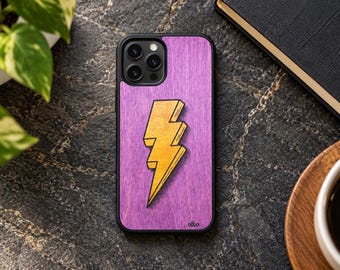 Lightning Bolt Real Wood Inlay Phone Case | Retro Electric Case for iPhone Samsung Pixel | Handmade in Canada