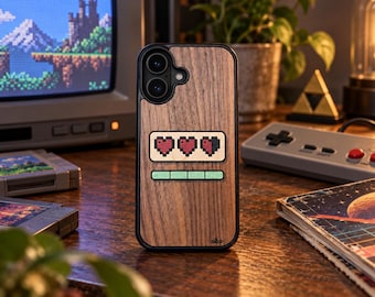 Player One Retro Wood Inlay Phone Case | 8 Bit Heart Life Meter Legendary Case for iPhone Samsung Pixel | Made in Canada
