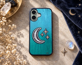 Moon and Stars Real Wood Inlay Phone Case | Celestial Case for iPhone Samsung Pixel | Handmade in Canada