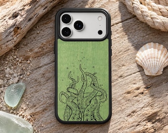 TENTACLES Real Wood Phone Case | iPhone 18 17 16 | Samsung Galaxy S26 S25 S24FE | Google Pixel 11 Pro XL  10 9a | Made in Canada