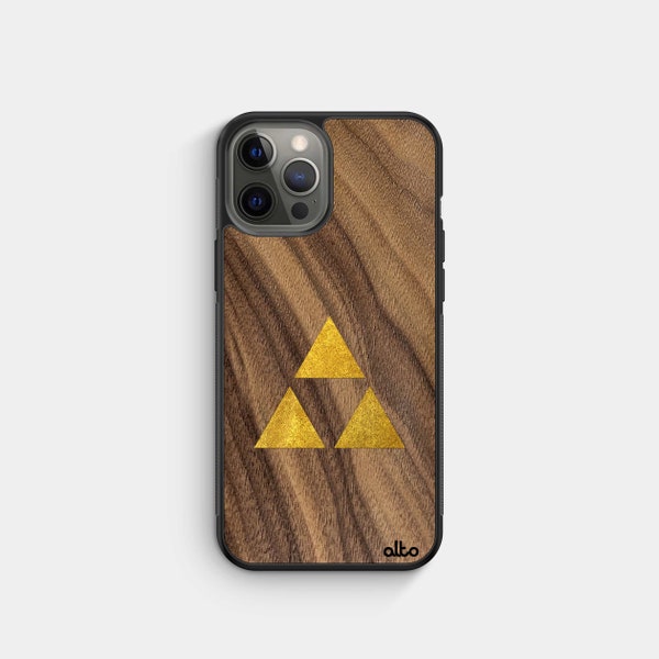 Walnut Gold Zelda Triforce -Real Wood PhoneCase- iPhone 15Pro,14,13  Samsung Galaxy S24,S23 Google Pixel 8,7a-Made in Canada Alto Collective