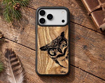Olive Wood Owl Real Wood Phone Case | iPhone 18 17 16 | Samsung Galaxy S26 S25 S24FE | Google Pixel 11 Pro XL 10 9a | Made in Canada