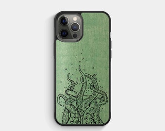 TENTACLES - Étui iPhone en bois véritable- iPhone 15 Pro, 14, 13- Samsung Galaxy S24, S23,S21FE - Google Pixel 8, 7a,6- MadeinCanada Alto Collective