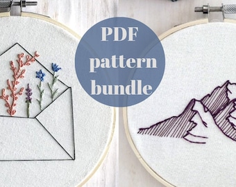 Minimalist Nature Embroidery Pattern Bundle, Beginner Friendly Embroidery Pattern, PDF Mountain and Wildflower Modern Embroidery DIY