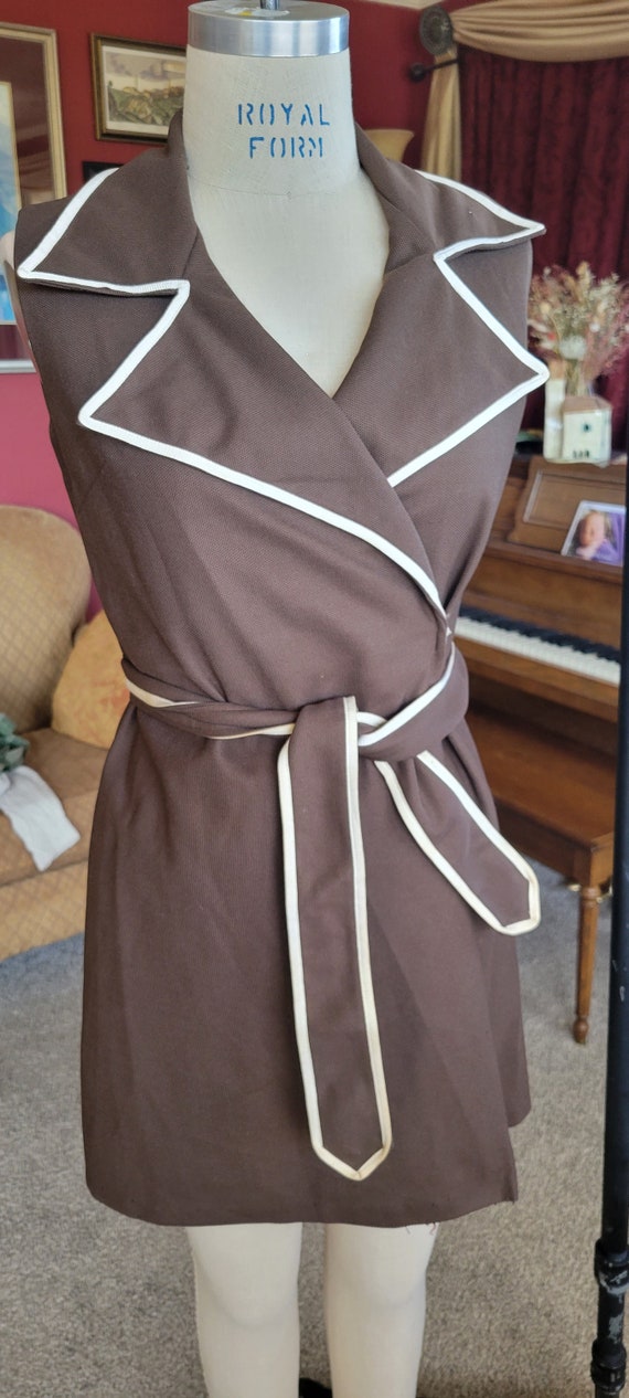 Vintage 1960's polyester brown wrap dress mini. - image 4