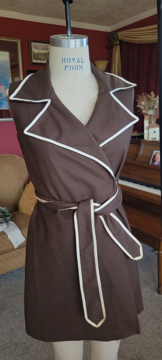 Vintage 1960's polyester brown wrap dress mini. - image 2