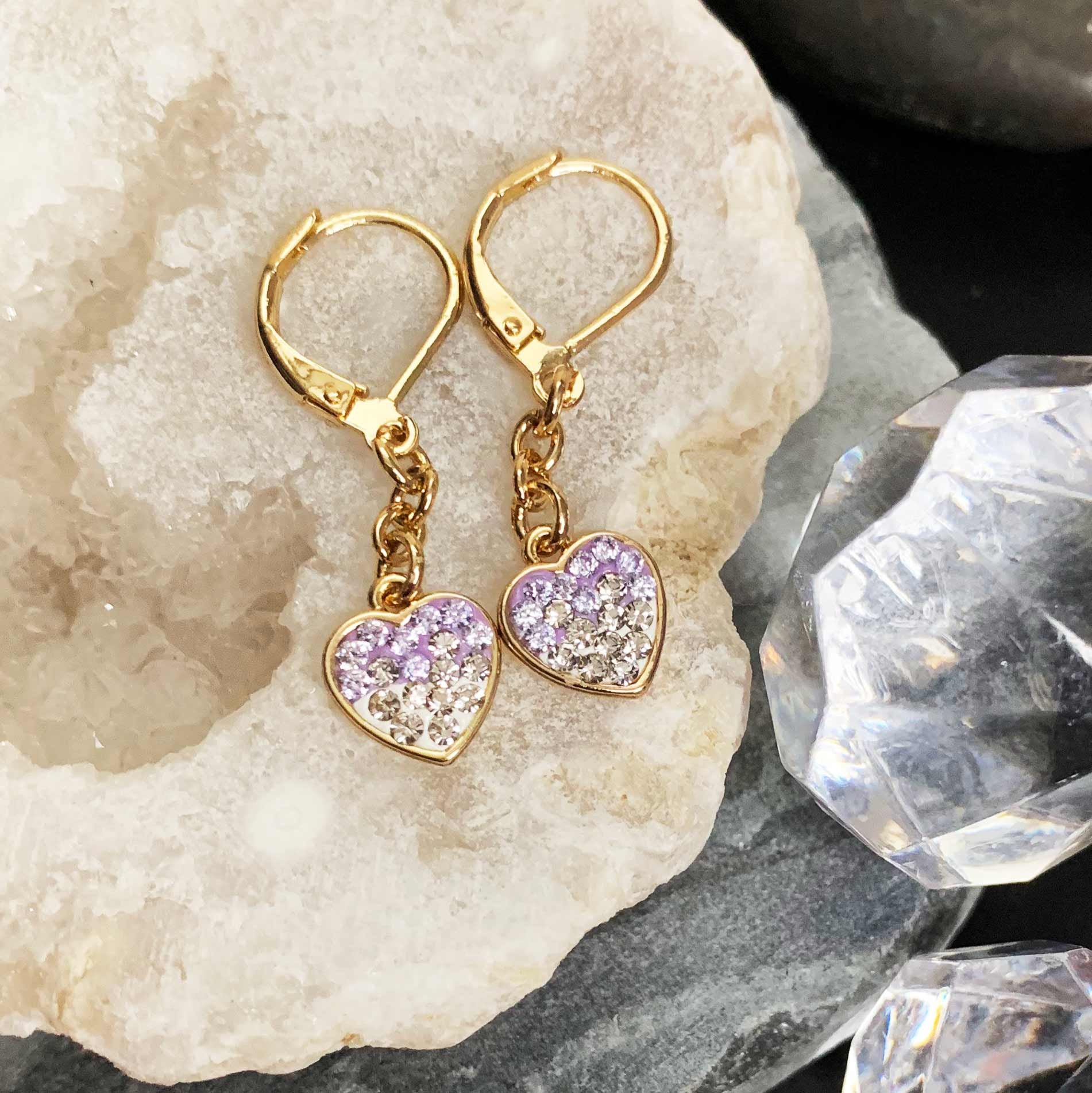 Genuine Gold Plated Crystals Heart Girls Teens Leverback Earrings 