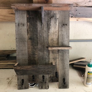 reclaimed hardwood mail holder knick knack shelf with hooks