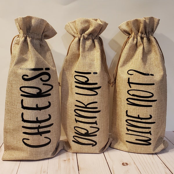 Burlap Wine Bags with Drawstring | Reusable Wind Bottle Covers with Ropes | Wine Not Wine Bag | Drink Up Wine Bag | Cheers Wine Bag |