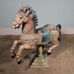 Vintage Carved Solid Wood Carousel Horse Sculpture on Stand image 1