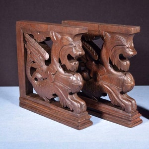 French Antique Solid Oak Wood Statues/ Pedestals with Griffins Salvage