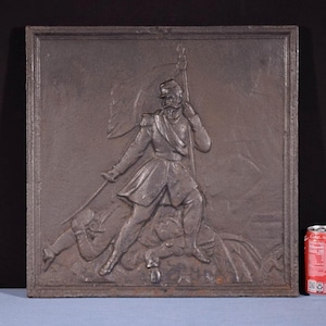19&quot; Tall Antique Cast Iron Fireback Panel from 1800&#39;s with Figure/Solider