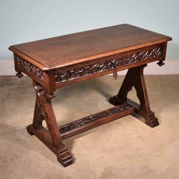 Antique French Neo Gothic Solid Oak Entry Table Desk Sofa Table Highly Carved