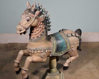 Vintage Carved Solid Wood Carousel Horse Sculpture on Stand