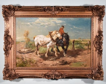 Antique Oil on Canvas Painting of Draft Horses by Henry Schouten (1864-1927)