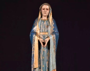 15" Antique Carved Walnut Wood Statue/Sculpture of The Weeping Virgin Mary