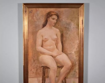 Large Framed Vintage Oil on Canvas Painting of a Nude Woman