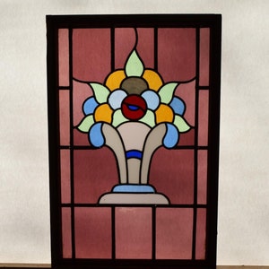 Framed Vintage French Stained Glass Panel with Flowers/Vase and Leaded Glass