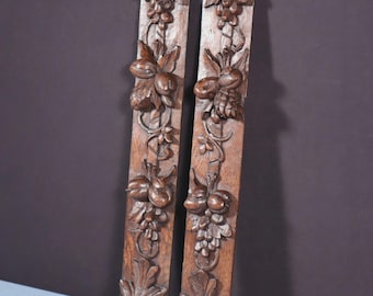 23" Pair of French Antique Solid Oak Wood Highly Carved Wood Trim Posts