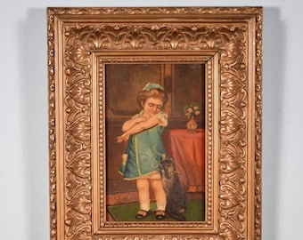 Antique French Framed Oil on Panel Painting of Girl with Scratched Arm and Cat