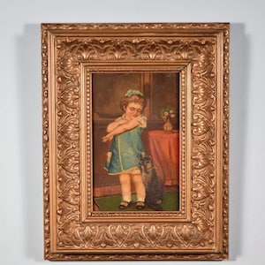 Antique French Framed Oil on Panel Painting of Girl with Scratched Arm and Cat