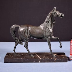 12&quot; Tall Antique French Spelter Life Like Horse Statue with Black Marble Base