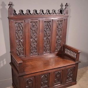 Antique French Gothic Revival Oak Wood Bench/Settee/Chair Highly Carved
